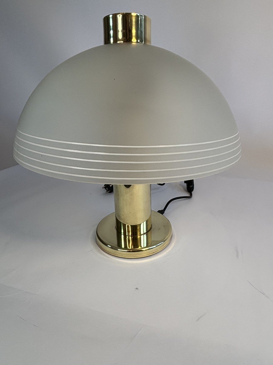 Vintage Brass And Frosted Glass Lamp - Deknudt, Belgium, Circa 1960-photo-3
