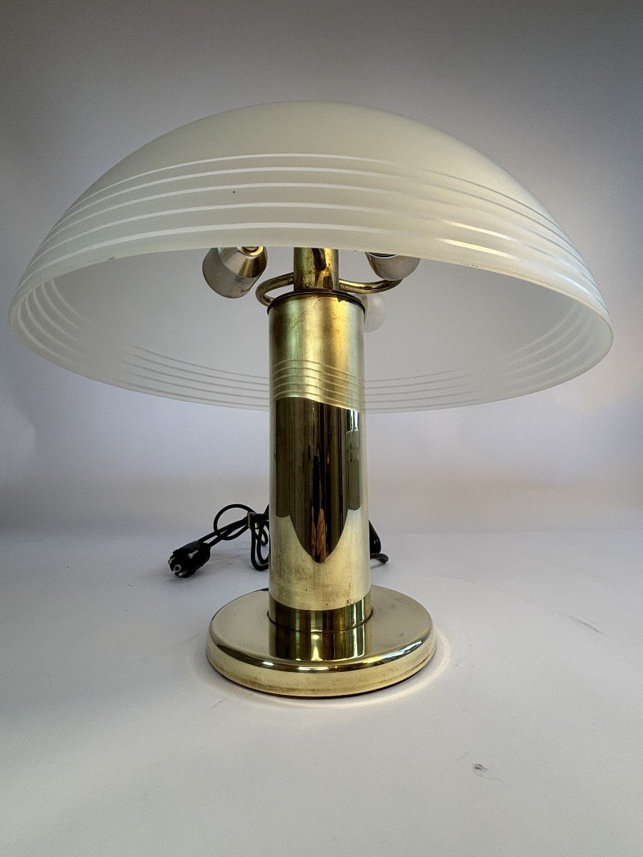 Vintage Brass And Frosted Glass Lamp - Deknudt, Belgium, Circa 1960-photo-4
