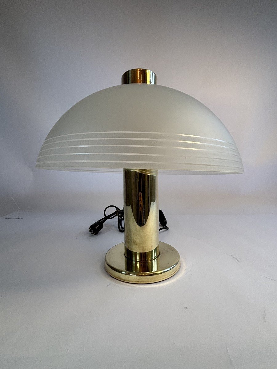 Vintage Brass And Frosted Glass Lamp - Deknudt, Belgium, Circa 1960-photo-8