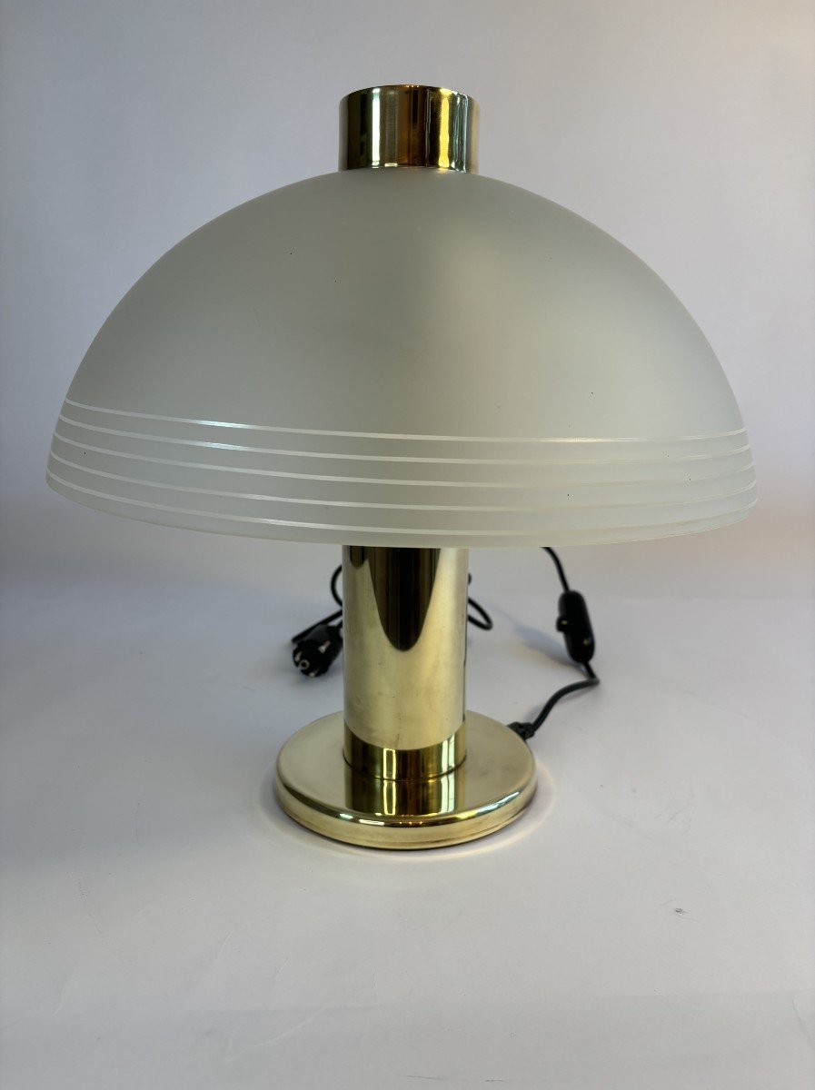 Vintage Brass And Frosted Glass Lamp - Deknudt, Belgium, Circa 1960