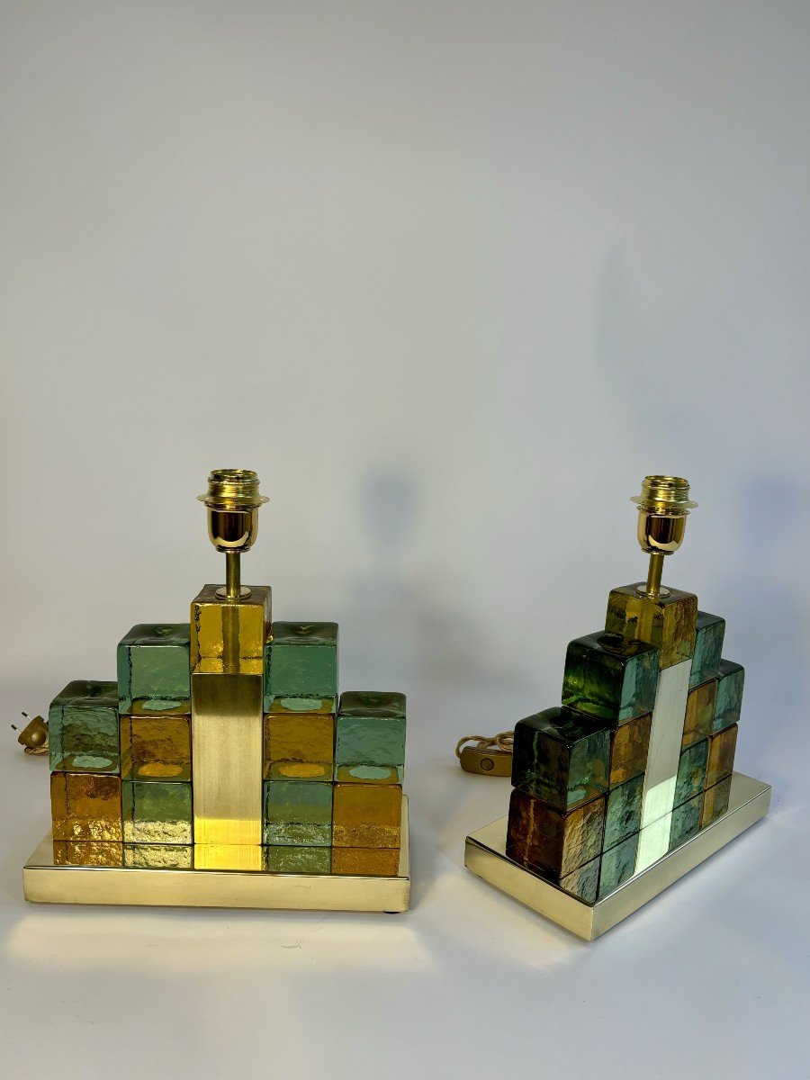Pair Of Murano Glass Cube Table Lamps, 1970s-80s, Italy, 20th Century-photo-3