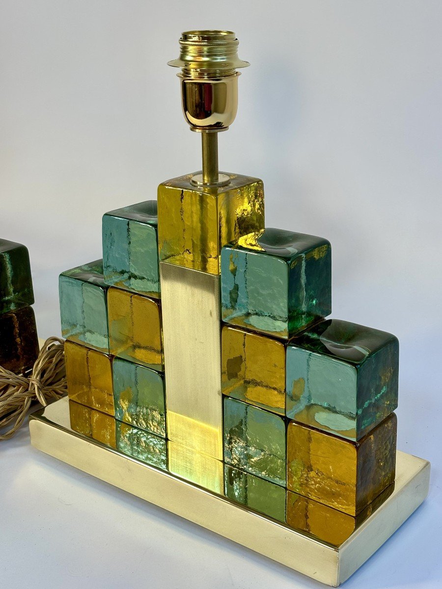 Pair Of Murano Glass Cube Table Lamps, 1970s-80s, Italy, 20th Century-photo-5