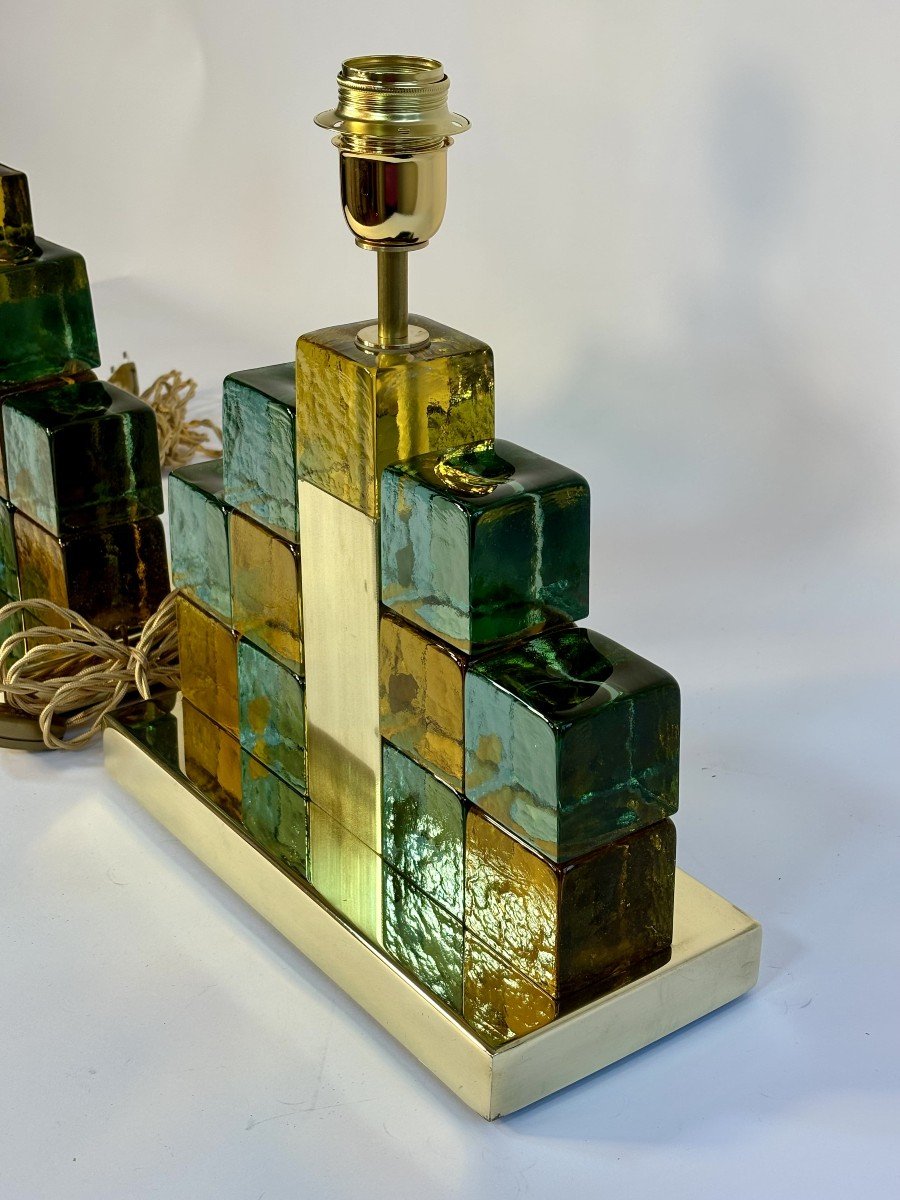 Pair Of Murano Glass Cube Table Lamps, 1970s-80s, Italy, 20th Century-photo-6