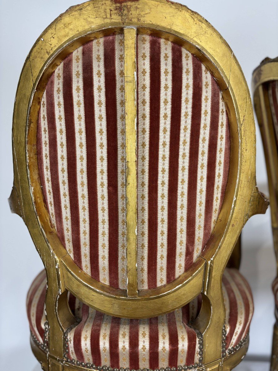 Set Of Four Armchairs With Medallion Backs In Carved Gilded Wood, 19th Century-photo-5
