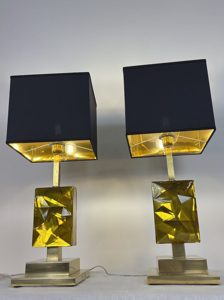 Paire De Lampes De Table Des Années 1980 En Verre De Murano Et Laiton Avec Abat-jour Noir Et Or-photo-2