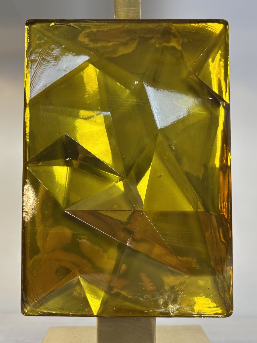 Paire De Lampes De Table Des Années 1980 En Verre De Murano Et Laiton Avec Abat-jour Noir Et Or-photo-3