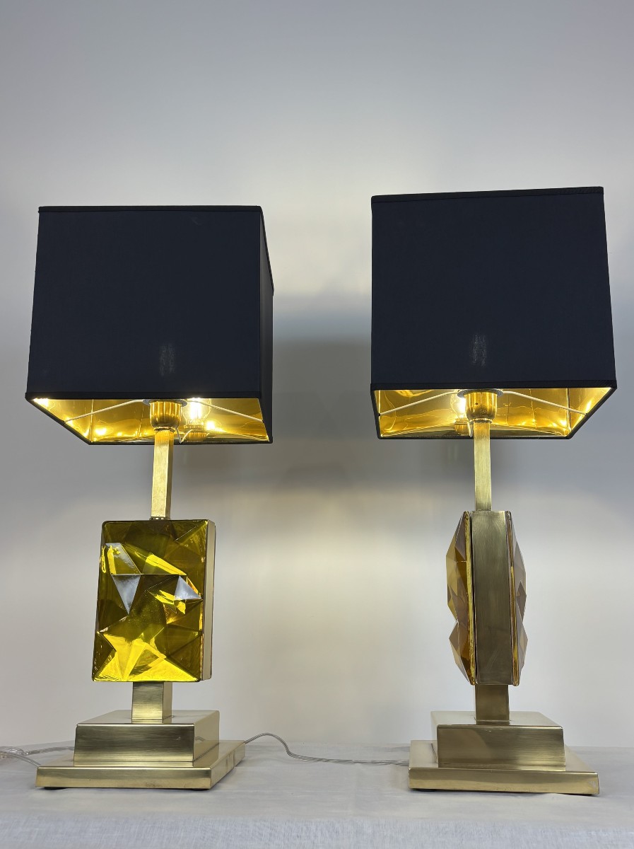 Paire De Lampes De Table Des Années 1980 En Verre De Murano Et Laiton Avec Abat-jour Noir Et Or
