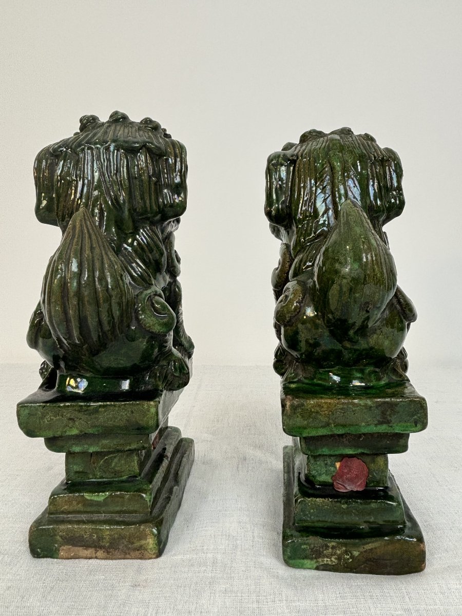 Paire De Chiens De Fô En Céramique émaillé Verte, Chine, 19e Siècle-photo-2