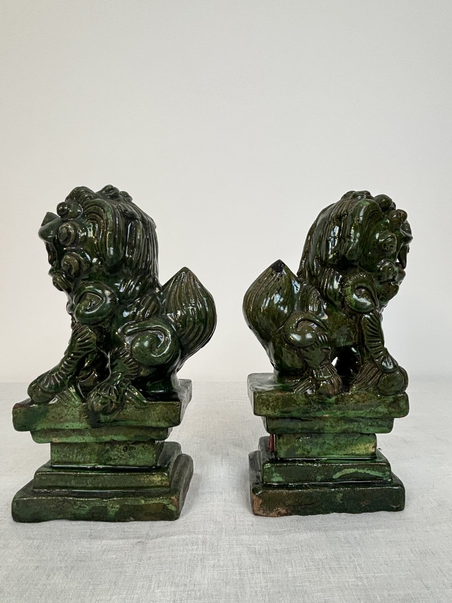 Paire De Chiens De Fô En Céramique émaillé Verte, Chine, 19e Siècle-photo-3