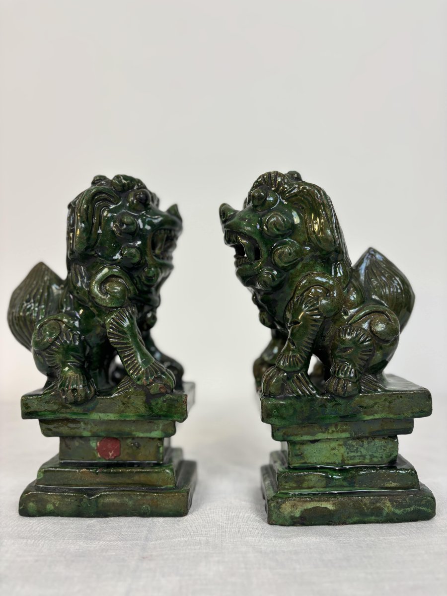 Paire De Chiens De Fô En Céramique émaillé Verte, Chine, 19e Siècle-photo-4