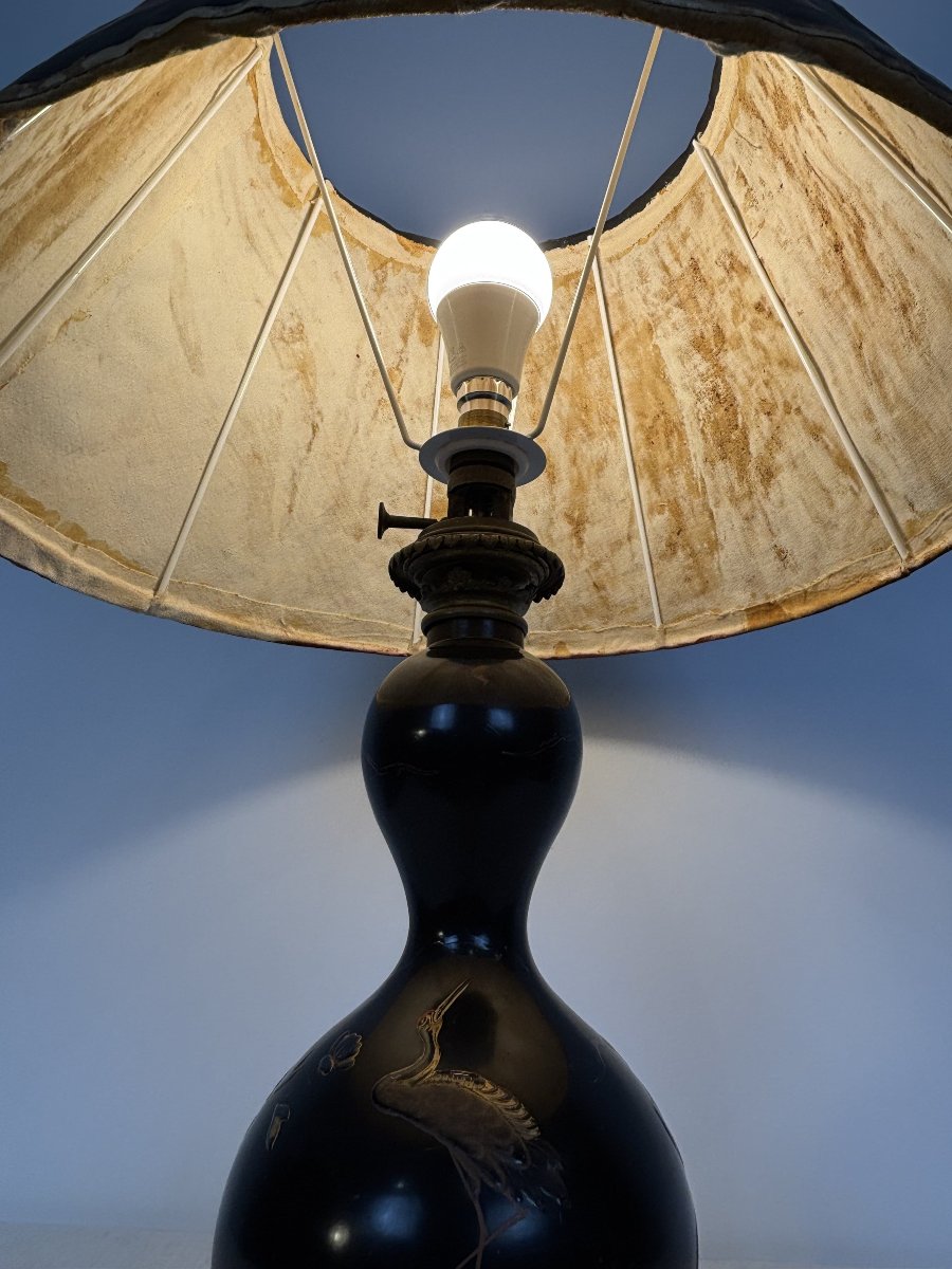 Japanese-style Lamp, In Black Lacquered Metal With Gilted Decor, Meiji Japan/early 20th Century-photo-2