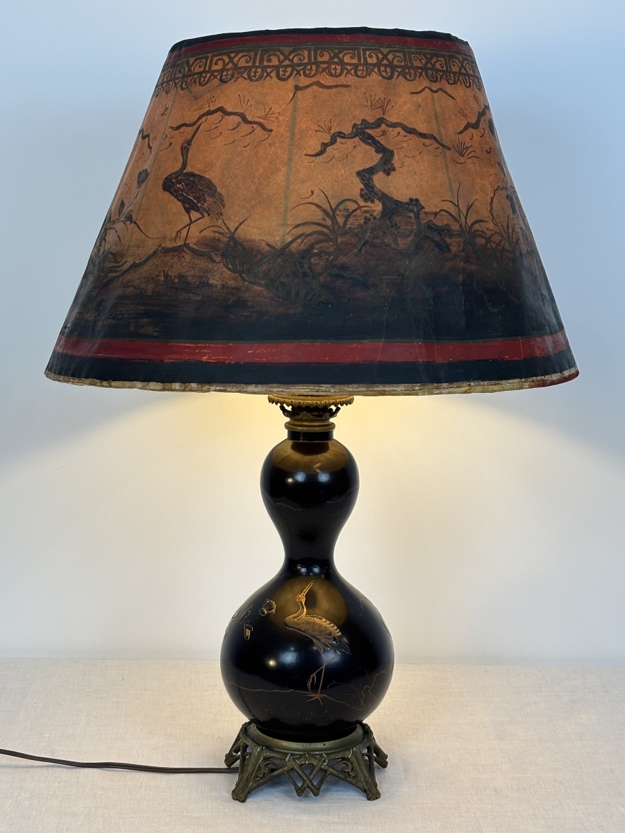 Japanese-style Lamp, In Black Lacquered Metal With Gilted Decor, Meiji Japan/early 20th Century