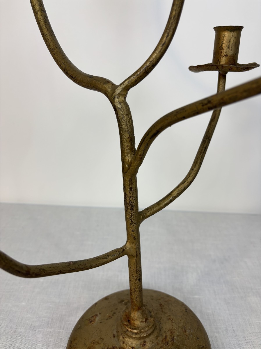 Pair Of Modernist Candlesticks In Gilt Metal, Handcrafted, Circa 1960-1970-photo-2