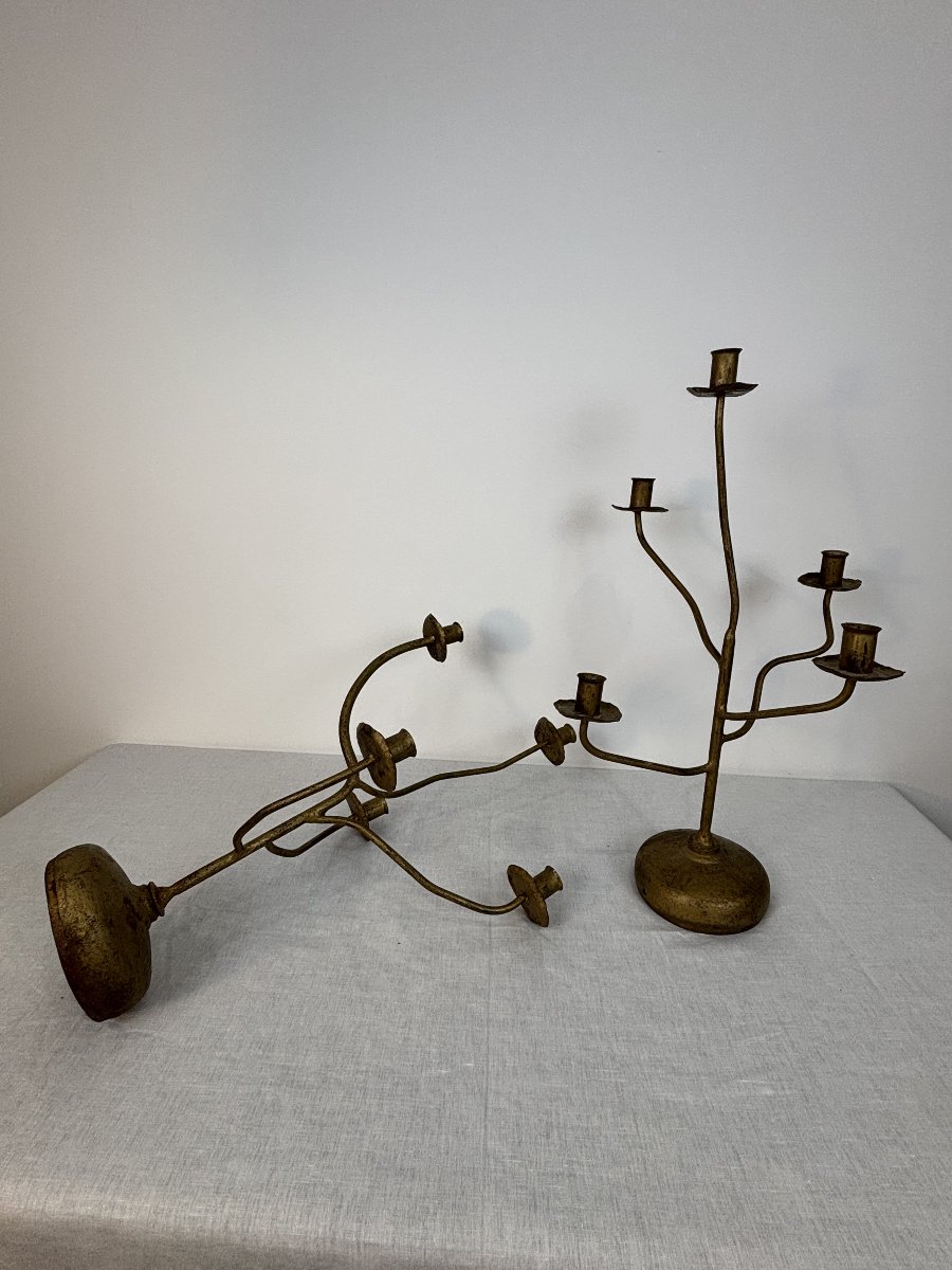 Pair Of Modernist Candlesticks In Gilt Metal, Handcrafted, Circa 1960-1970-photo-5