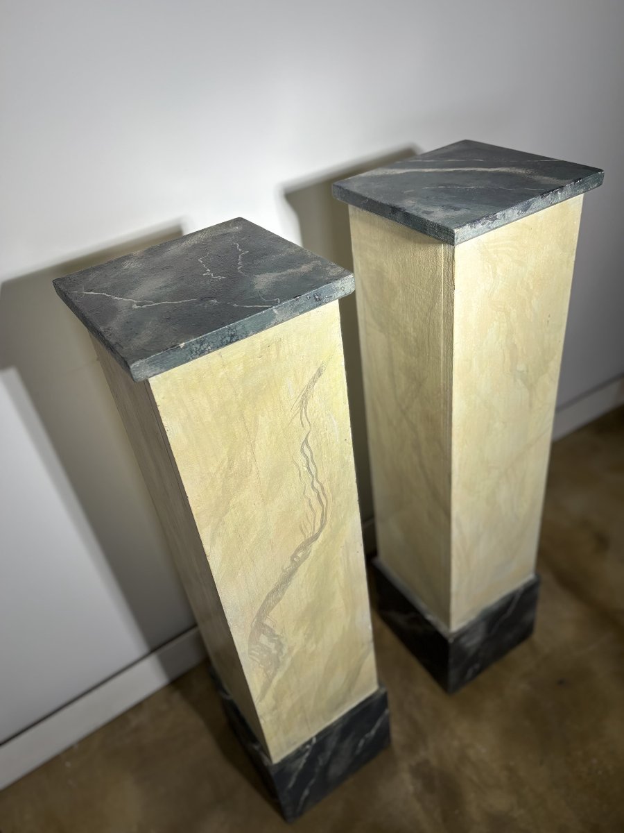 Pair Of Wooden Pedestal Columns Painted In Trompe-l'oeil Marble - 20th Century-photo-2