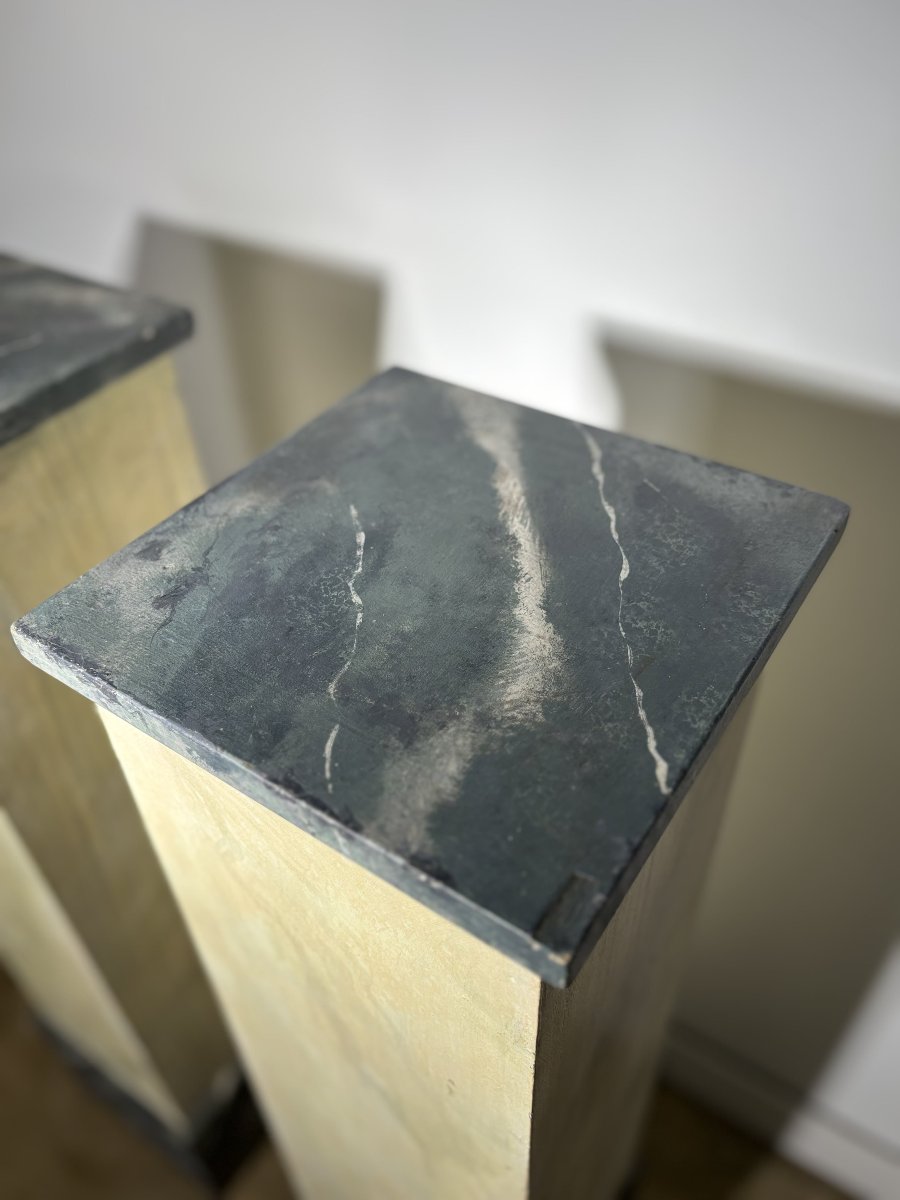 Pair Of Wooden Pedestal Columns Painted In Trompe-l'oeil Marble - 20th Century-photo-3