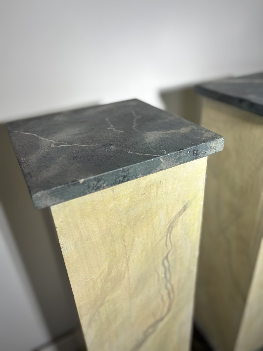 Pair Of Wooden Pedestal Columns Painted In Trompe-l'oeil Marble - 20th Century-photo-2