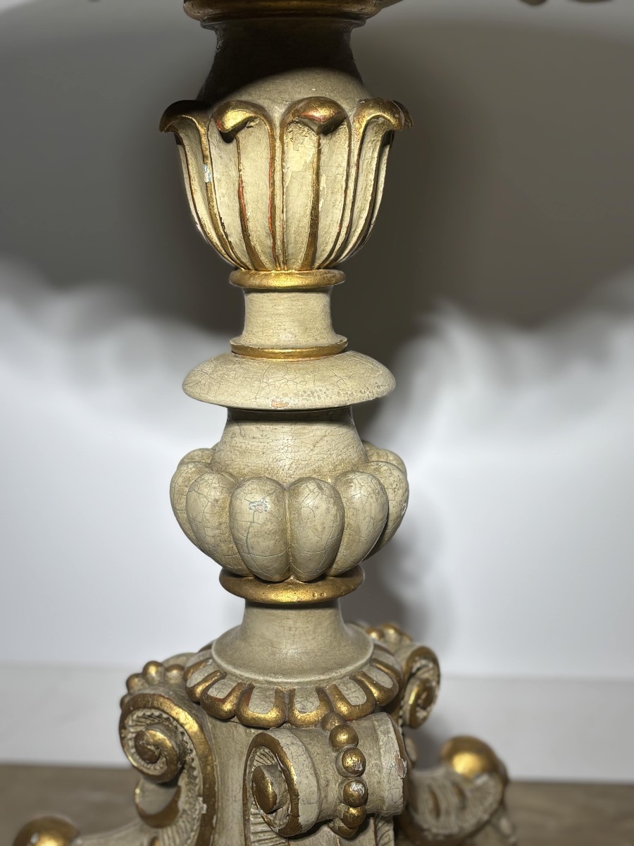 Round Painted Wooden Pedestal Table, Marble-style Painted Top, Late 19th Century-photo-4