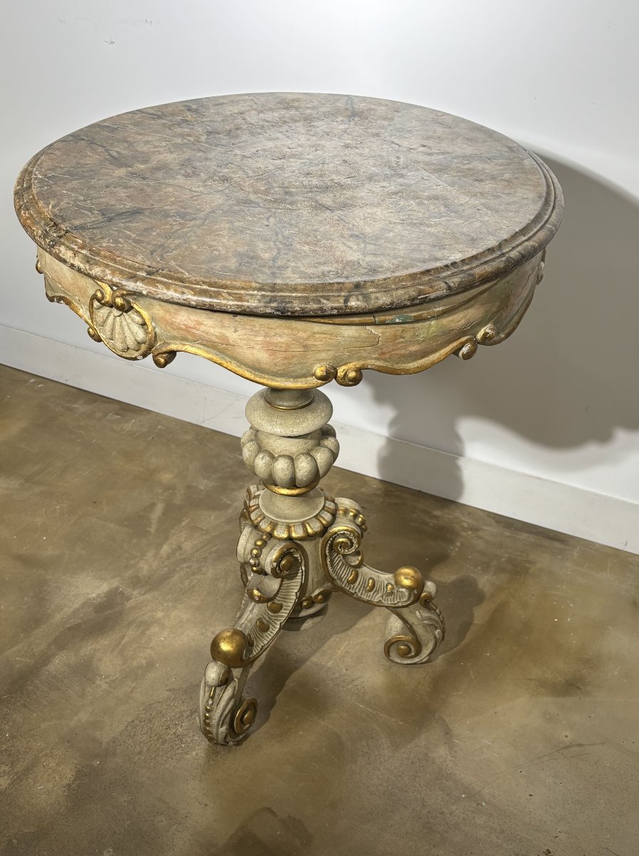 Round Painted Wooden Pedestal Table, Marble-style Painted Top, Late 19th Century-photo-1