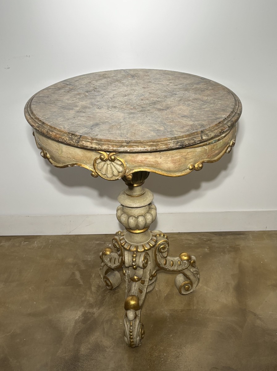 Round Painted Wooden Pedestal Table, Marble-style Painted Top, Late 19th Century