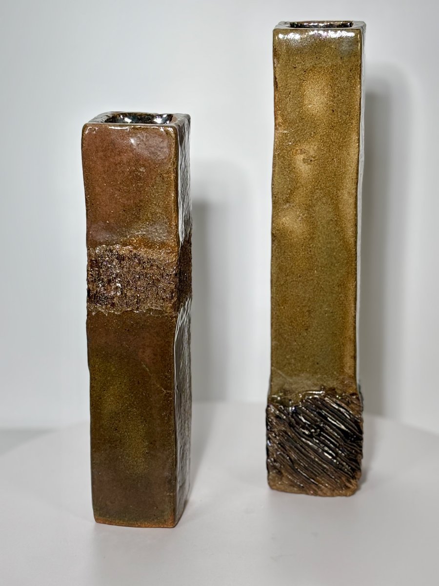 Pair Of Glazed Stoneware Vases, Incised Decoration - 20th Century-photo-2