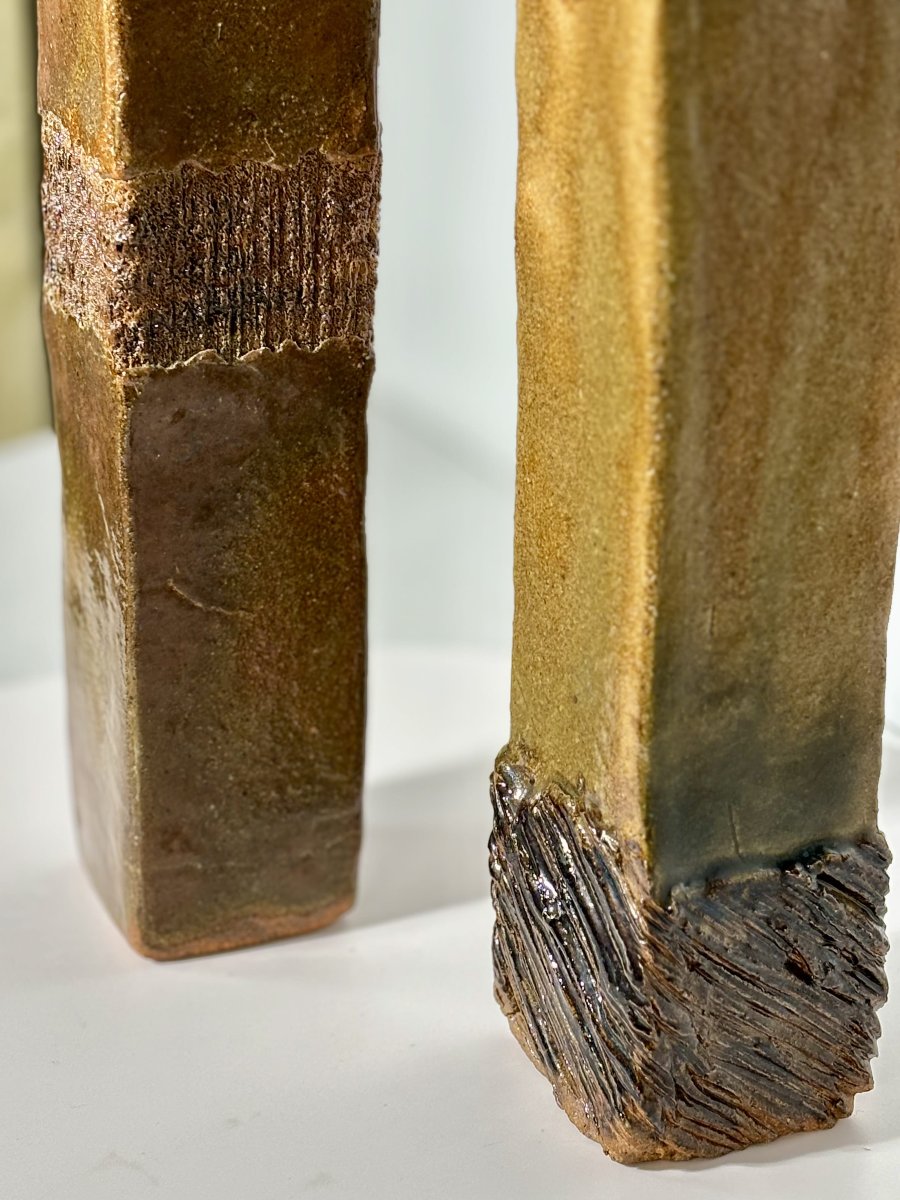 Pair Of Glazed Stoneware Vases, Incised Decoration - 20th Century-photo-3