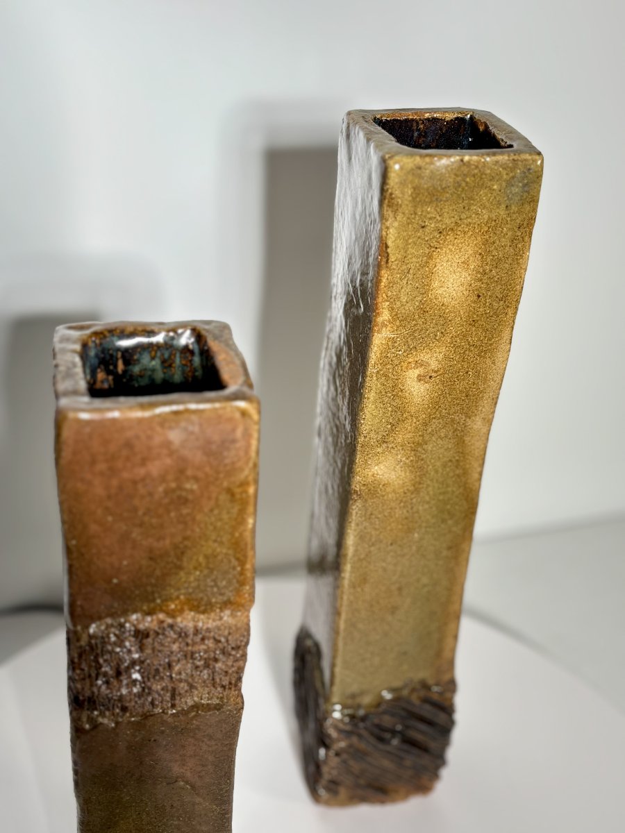 Pair Of Glazed Stoneware Vases, Incised Decoration - 20th Century-photo-4
