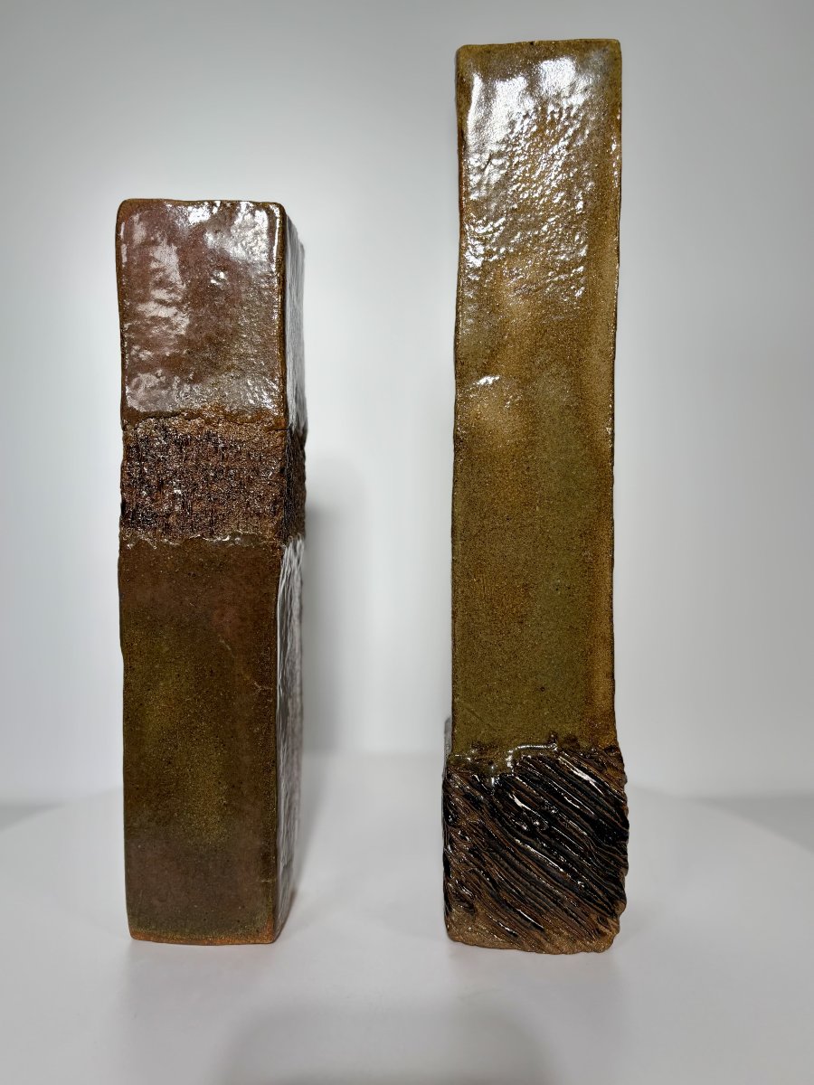 Pair Of Glazed Stoneware Vases, Incised Decoration - 20th Century-photo-1
