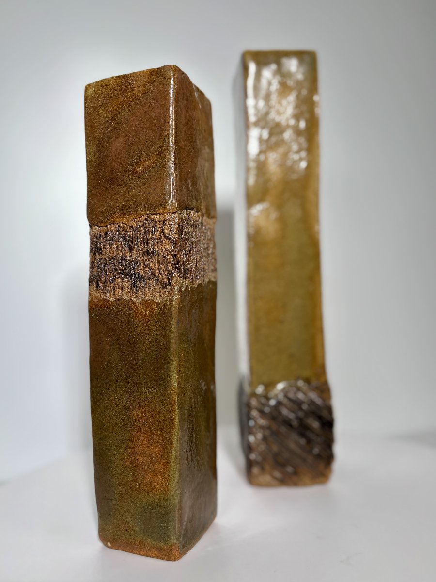 Pair Of Glazed Stoneware Vases, Incised Decoration - 20th Century-photo-3