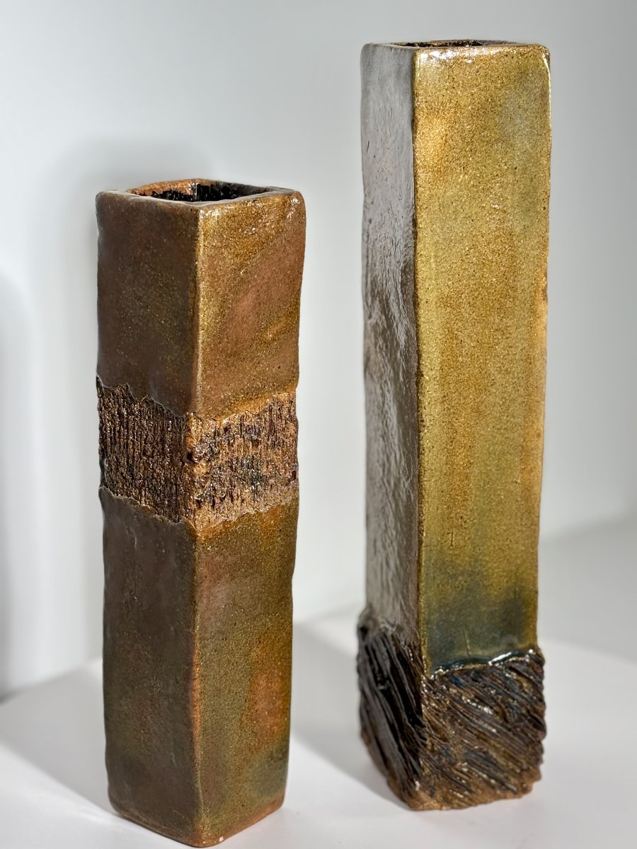Pair Of Glazed Stoneware Vases, Incised Decoration - 20th Century-photo-5