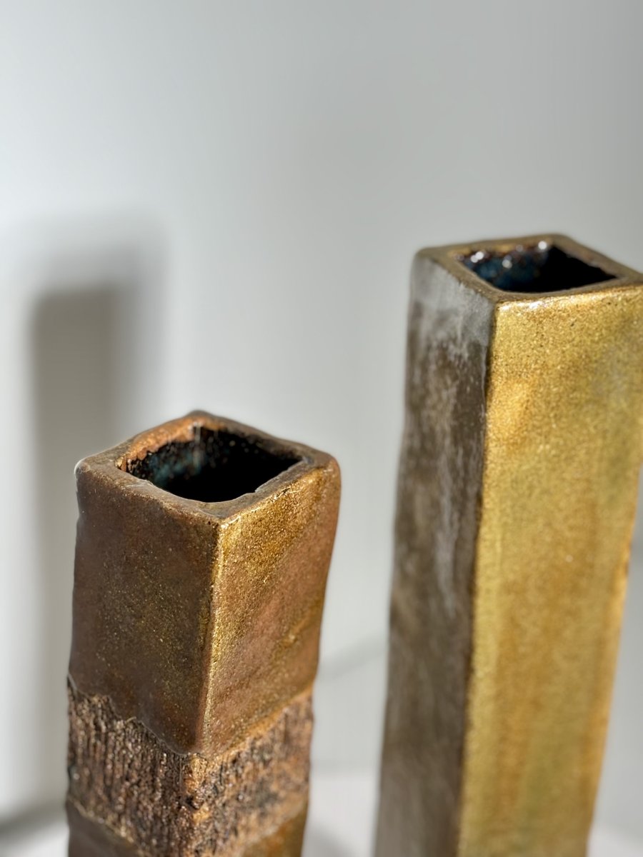 Pair Of Glazed Stoneware Vases, Incised Decoration - 20th Century-photo-6