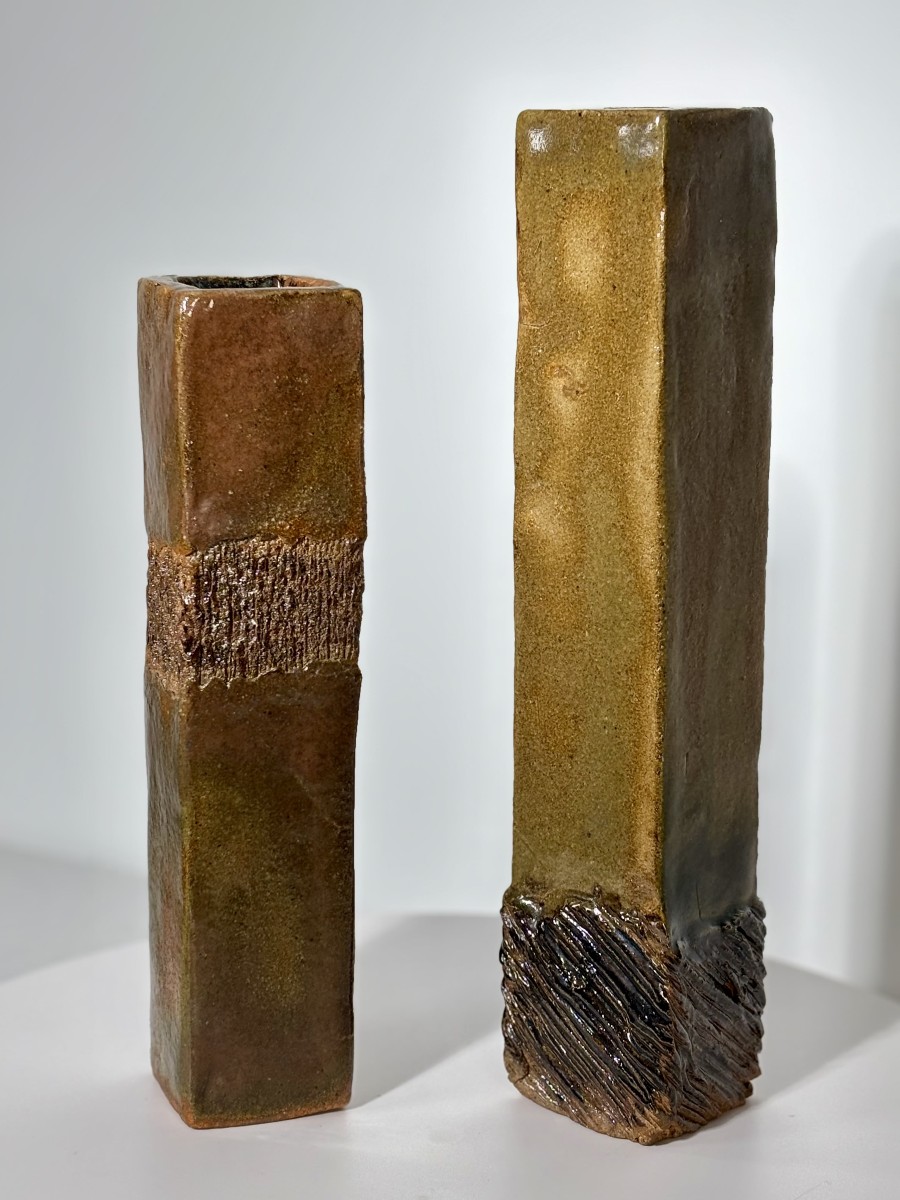 Pair Of Glazed Stoneware Vases, Incised Decoration - 20th Century