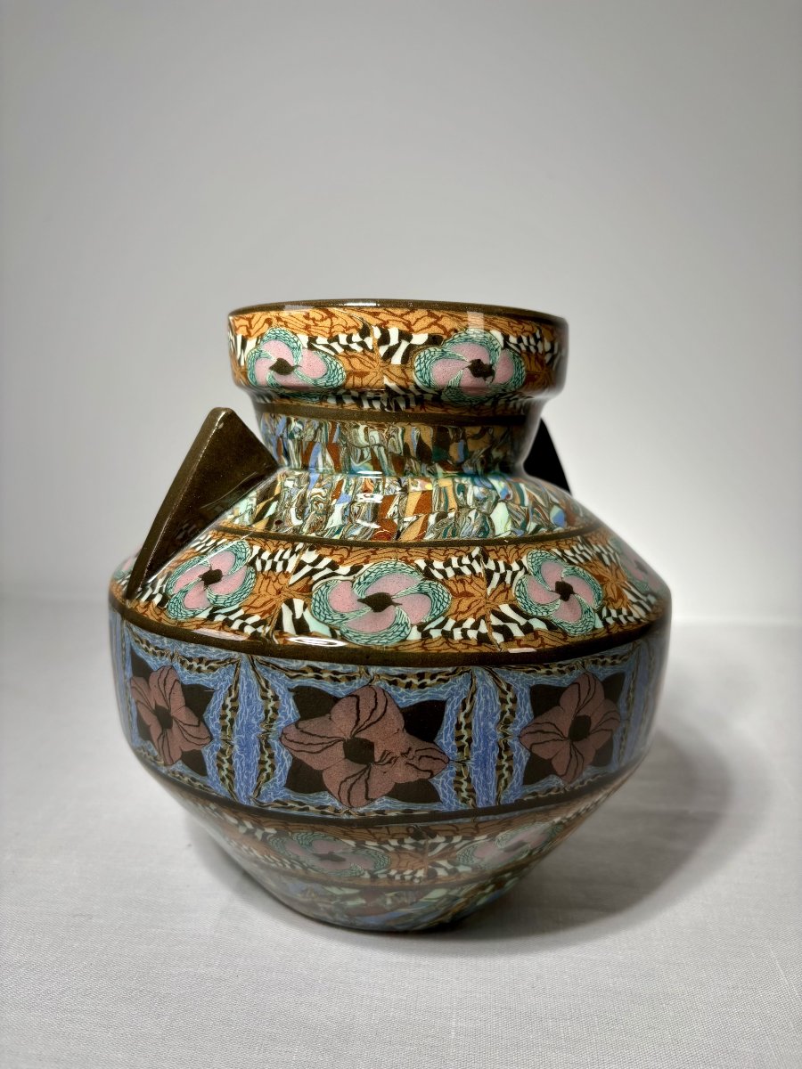 Jean Gerbino (1876-1966) - Polychrome Mixed Earthenware Vase With Two Handles - France, 20th Century-photo-4