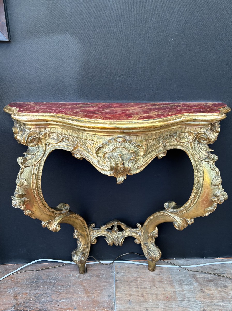 Gilded Wooden Console Table With Red Marble-effect Top, Italy, 19th Century-photo-2