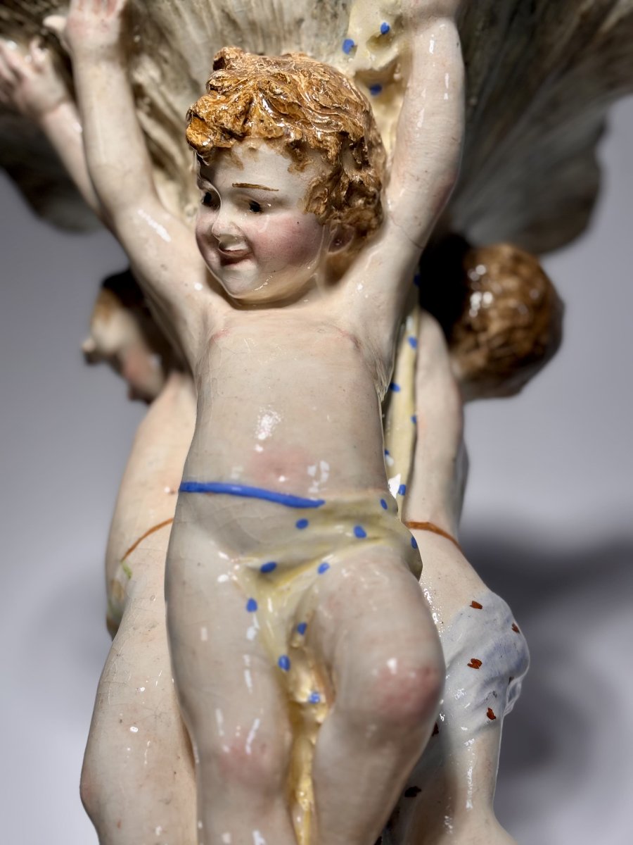 Large Majolica Centerpiece, Putti And Shells, Italy, Late 19th - Early 20th Century-photo-2