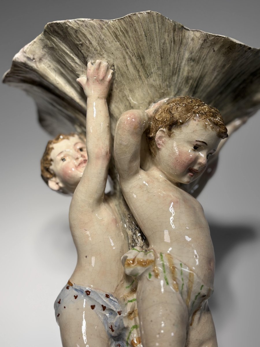 Large Majolica Centerpiece, Putti And Shells, Italy, Late 19th - Early 20th Century-photo-4