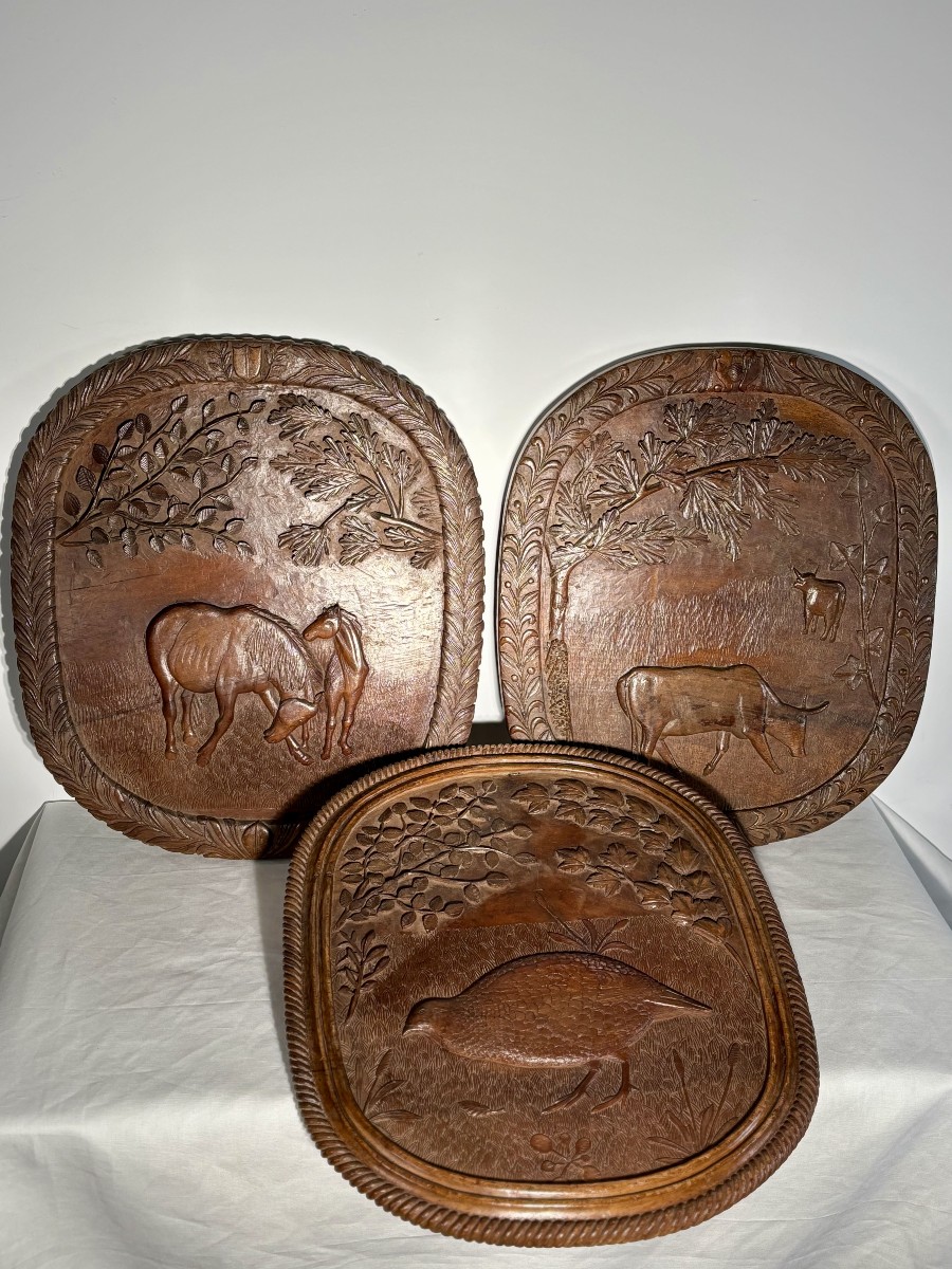 Set Of Three Carved Monoxylous Panels - Folk Art - Late 19th / Early 20th Century