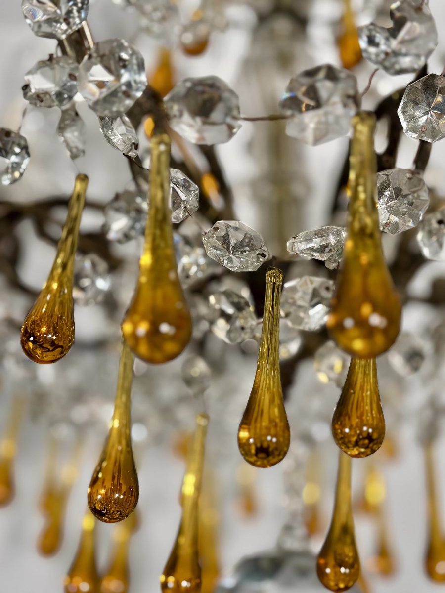 Eight-light Chandelier With Pendants, In Bronze And Crystal, Amber Glass Drops, Circa 1900-photo-2