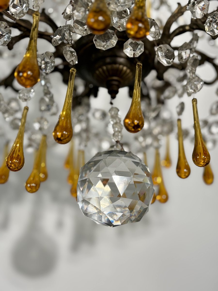 Eight-light Chandelier With Pendants, In Bronze And Crystal, Amber Glass Drops, Circa 1900-photo-1