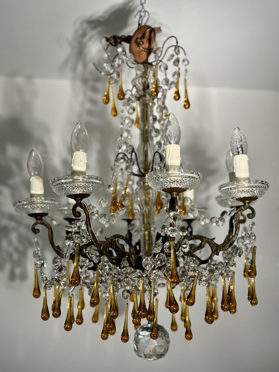 Eight-light Chandelier With Pendants, In Bronze And Crystal, Amber Glass Drops, Circa 1900-photo-2