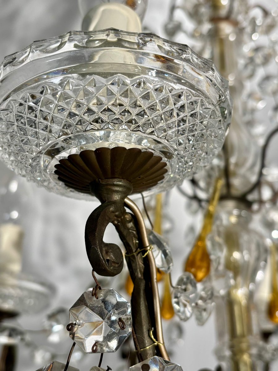 Eight-light Chandelier With Pendants, In Bronze And Crystal, Amber Glass Drops, Circa 1900-photo-6