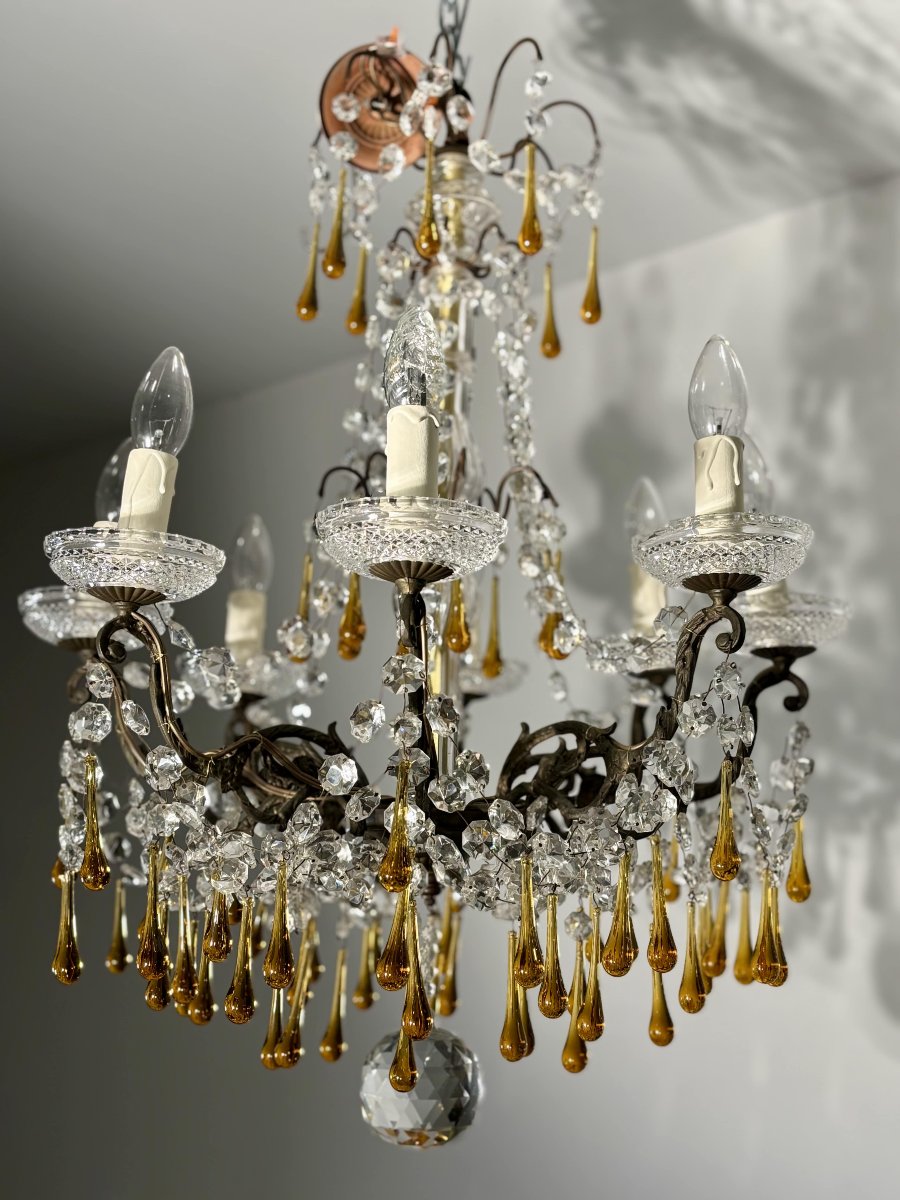 Eight-light Chandelier With Pendants, In Bronze And Crystal, Amber Glass Drops, Circa 1900-photo-7