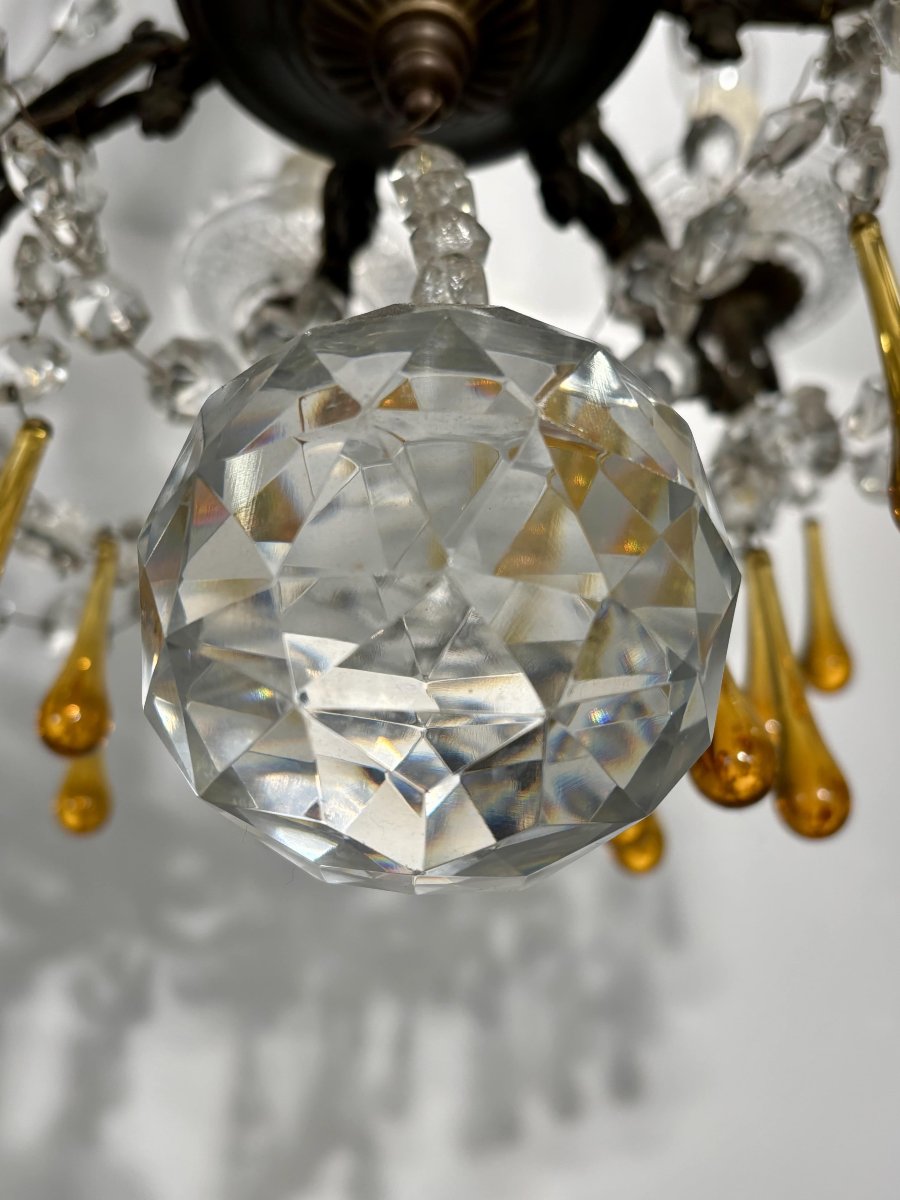 Eight-light Chandelier With Pendants, In Bronze And Crystal, Amber Glass Drops, Circa 1900-photo-8