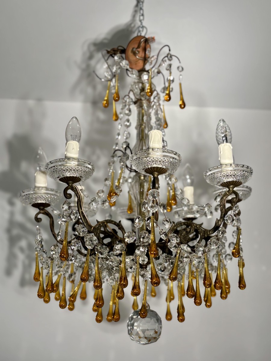 Eight-light Chandelier With Pendants, In Bronze And Crystal, Amber Glass Drops, Circa 1900