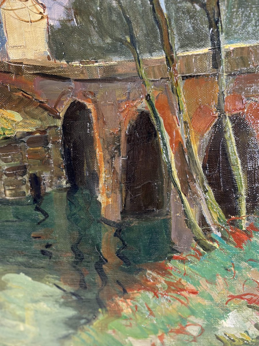 French School Of The 20th Century, Maurice Lemaitre (1929-2018) Oil On Canvas "the Bridge"-photo-3