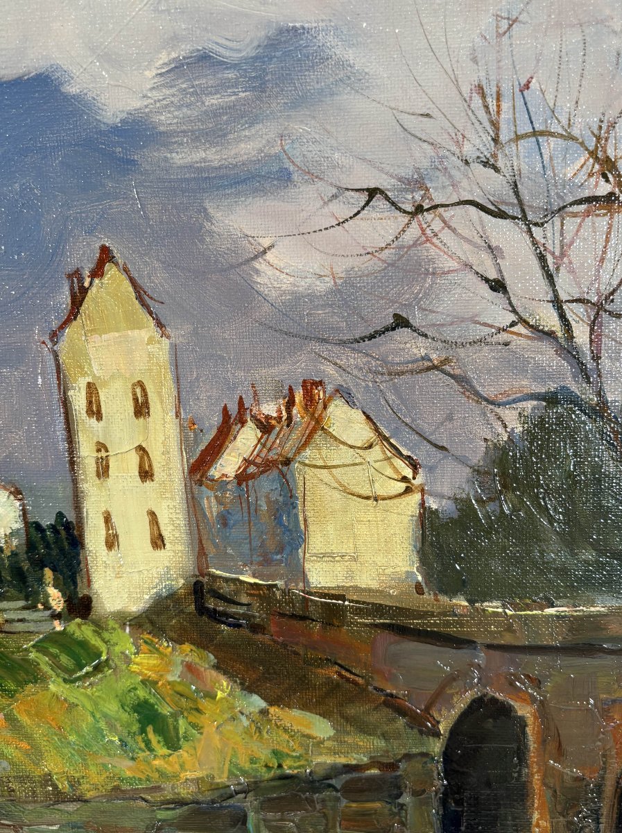 French School Of The 20th Century, Maurice Lemaitre (1929-2018) Oil On Canvas "the Bridge"-photo-3