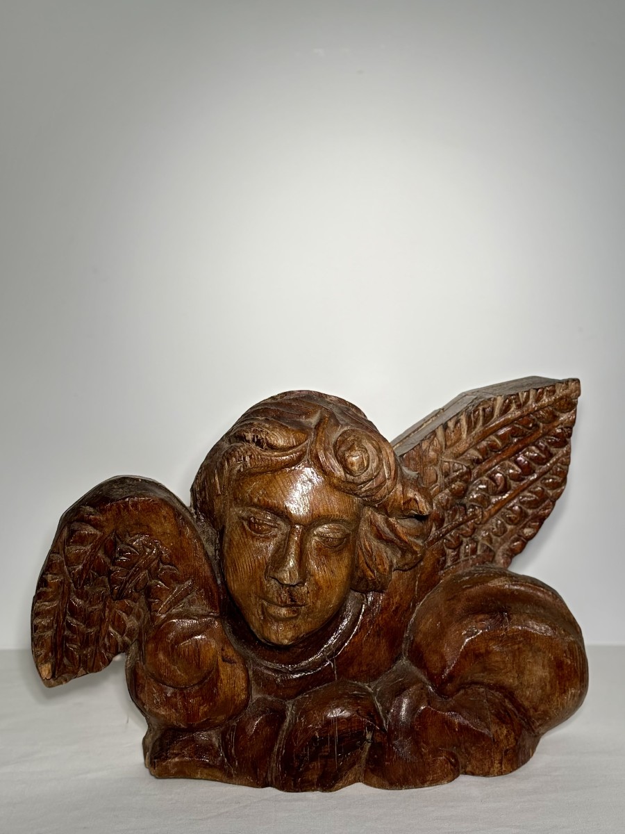 Wooden Carved Figure Depicting An Angel - Architectural Fragment - French Work, 19th Century