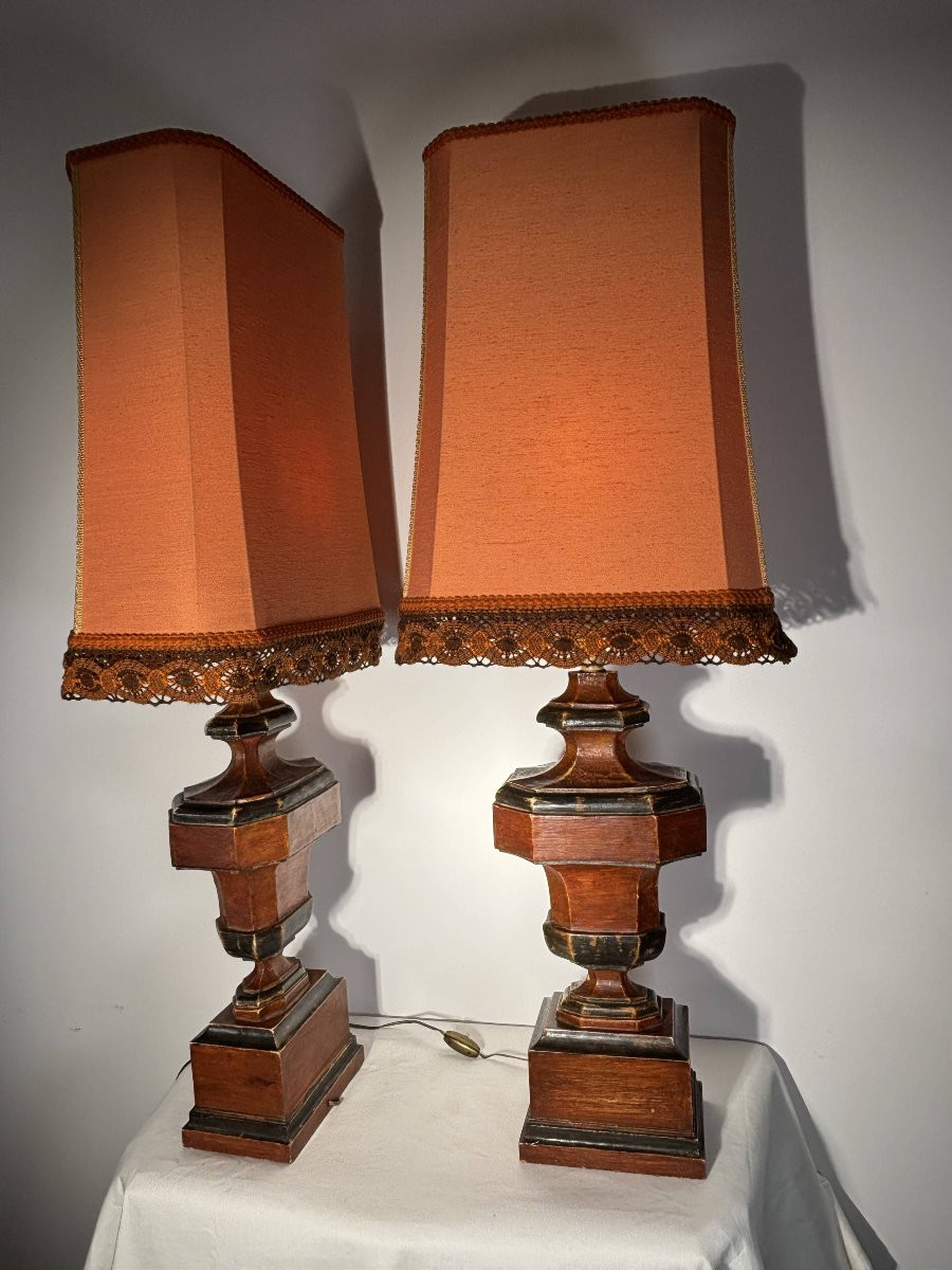 Paire de grandes lampes italiennes en bois tourné et patiné - Italie, vers 1950-1960 -photo-2