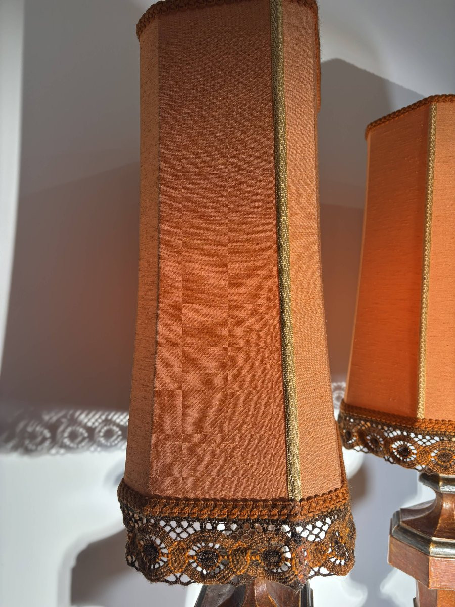 Paire de grandes lampes italiennes en bois tourné et patiné - Italie, vers 1950-1960 -photo-4