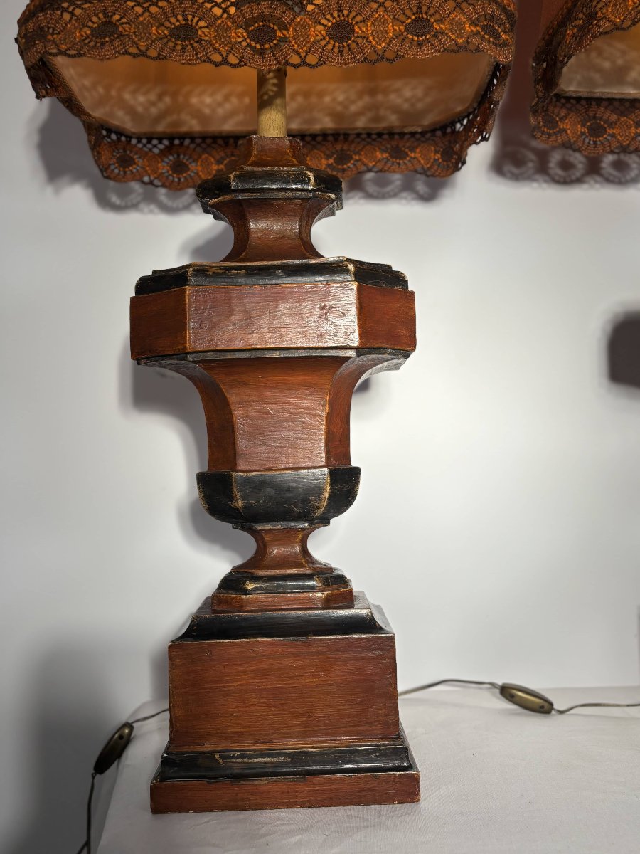 Paire de grandes lampes italiennes en bois tourné et patiné - Italie, vers 1950-1960 -photo-1